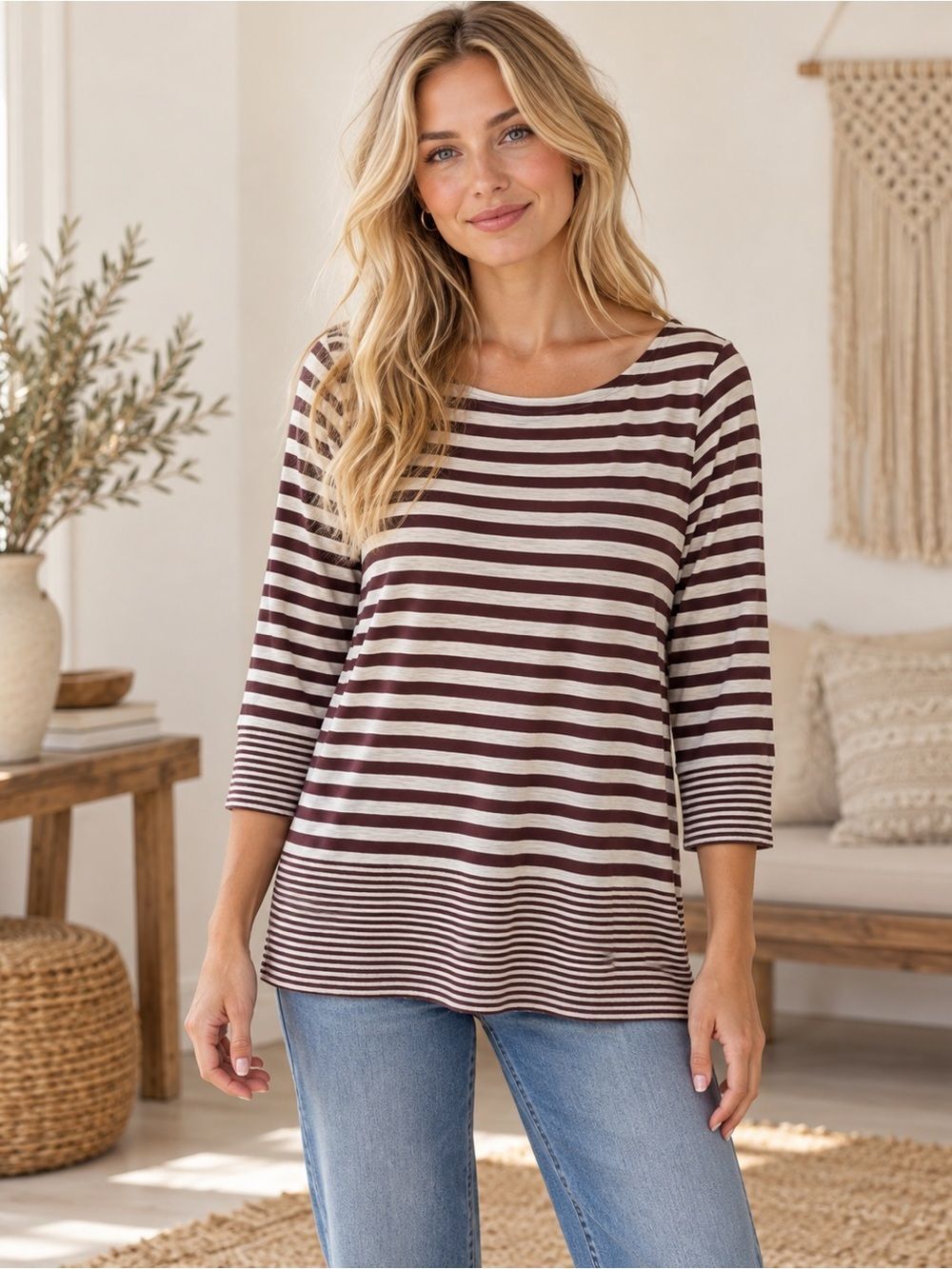 J. Jill Brown and White Striped Boatneck Top